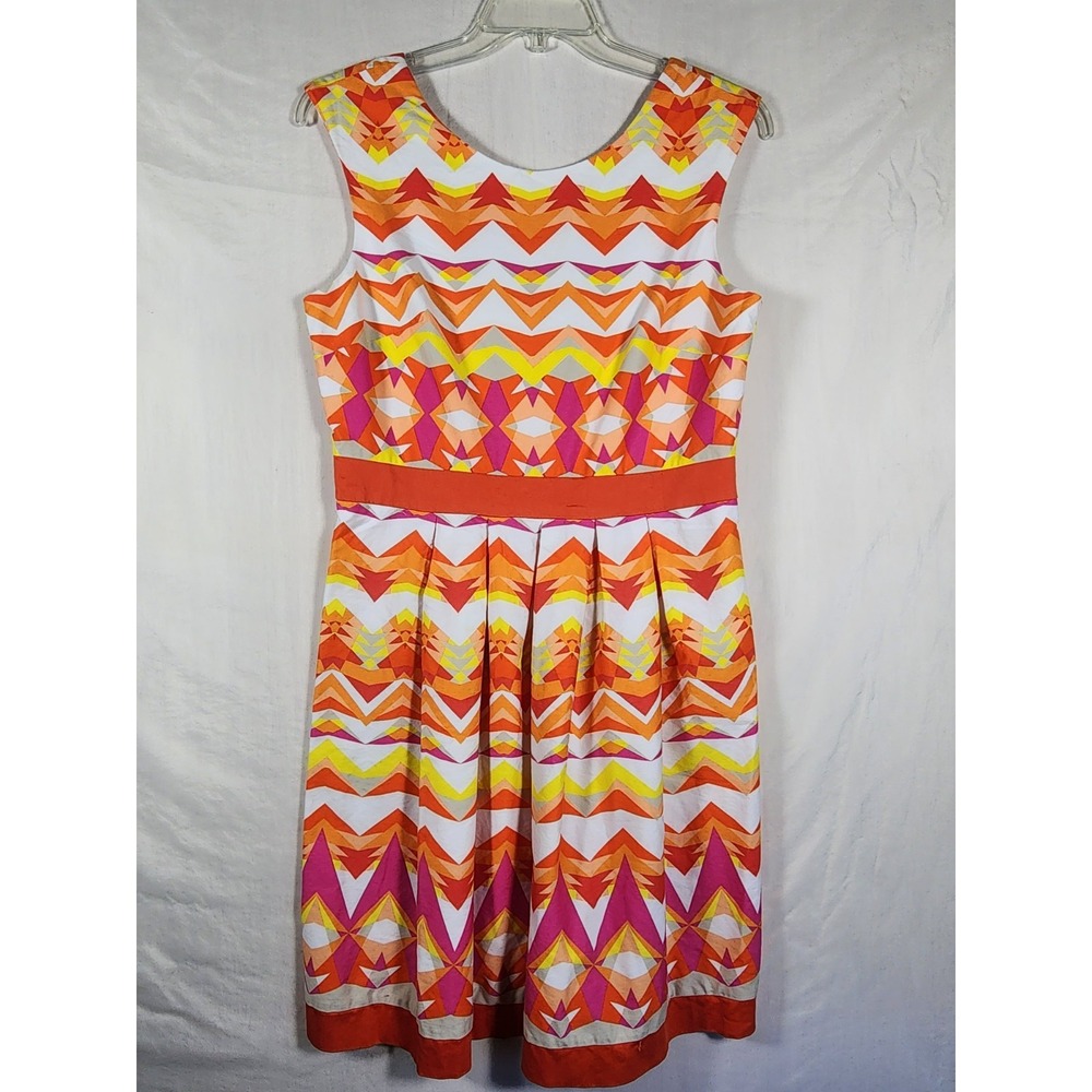 Sandra Darren Womens 14 Dress Geometric Print Fit Flare Mod Retro Orange Pink